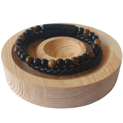 Bracelet en Cuir Tressé Œil de Tigre et Obsidienne - Litho Natura