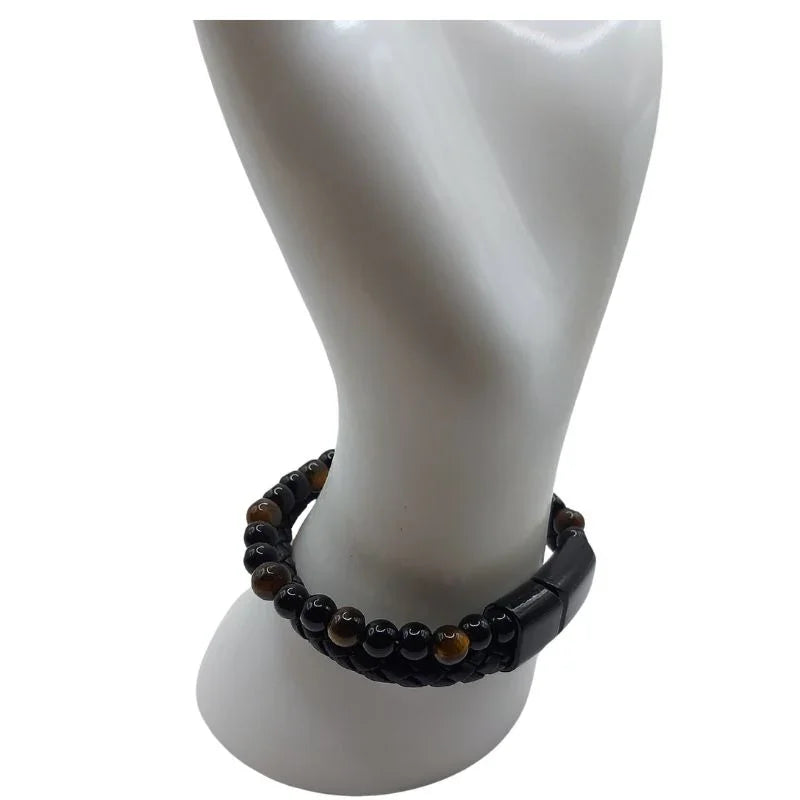 Bracelet en Cuir Tressé Œil de Tigre et Obsidienne - Litho Natura