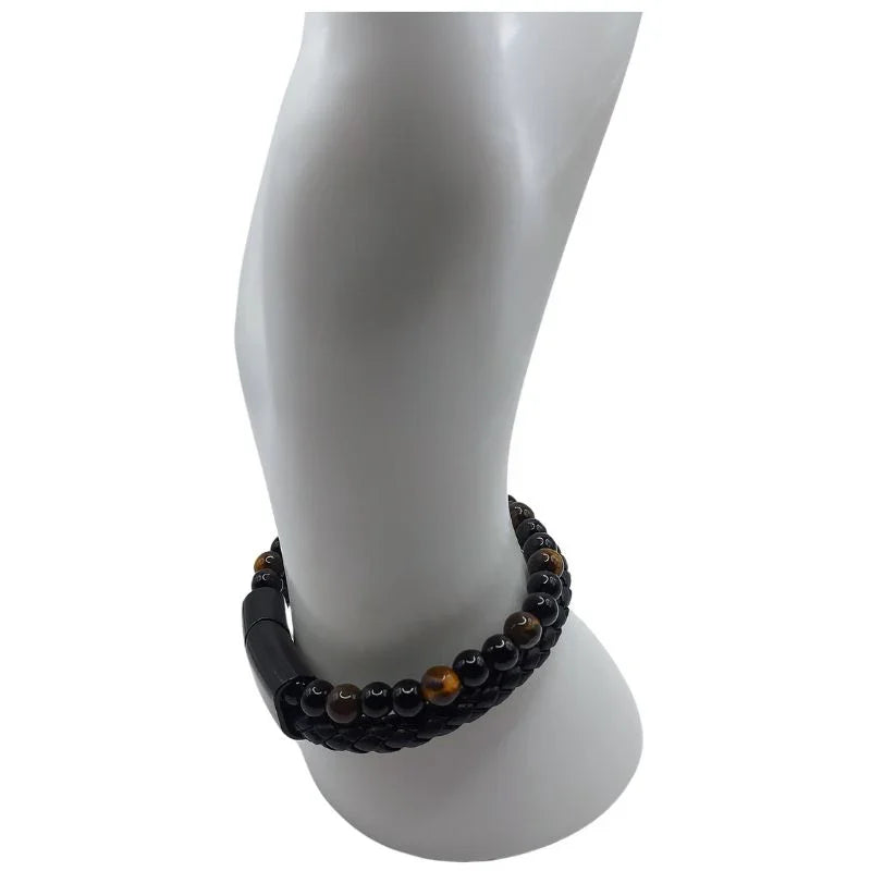 Bracelet en Cuir Tressé Œil de Tigre et Obsidienne - Litho Natura