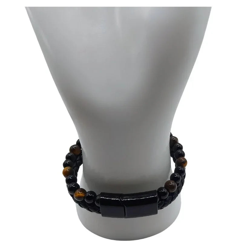 Bracelet en Cuir Tressé Œil de Tigre et Obsidienne - Litho Natura
