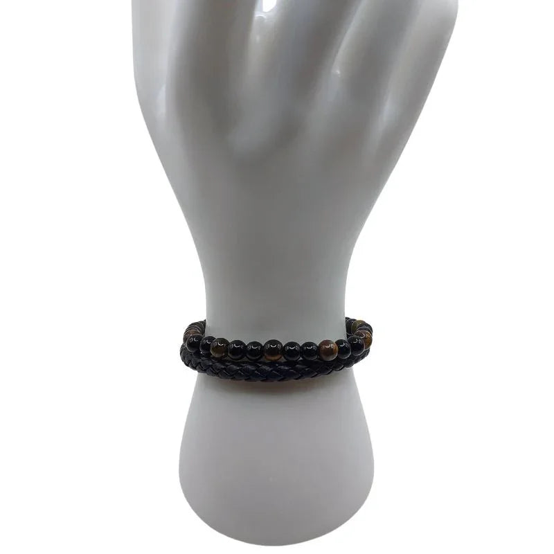 Bracelet en Cuir Tressé Œil de Tigre et Obsidienne - Litho Natura