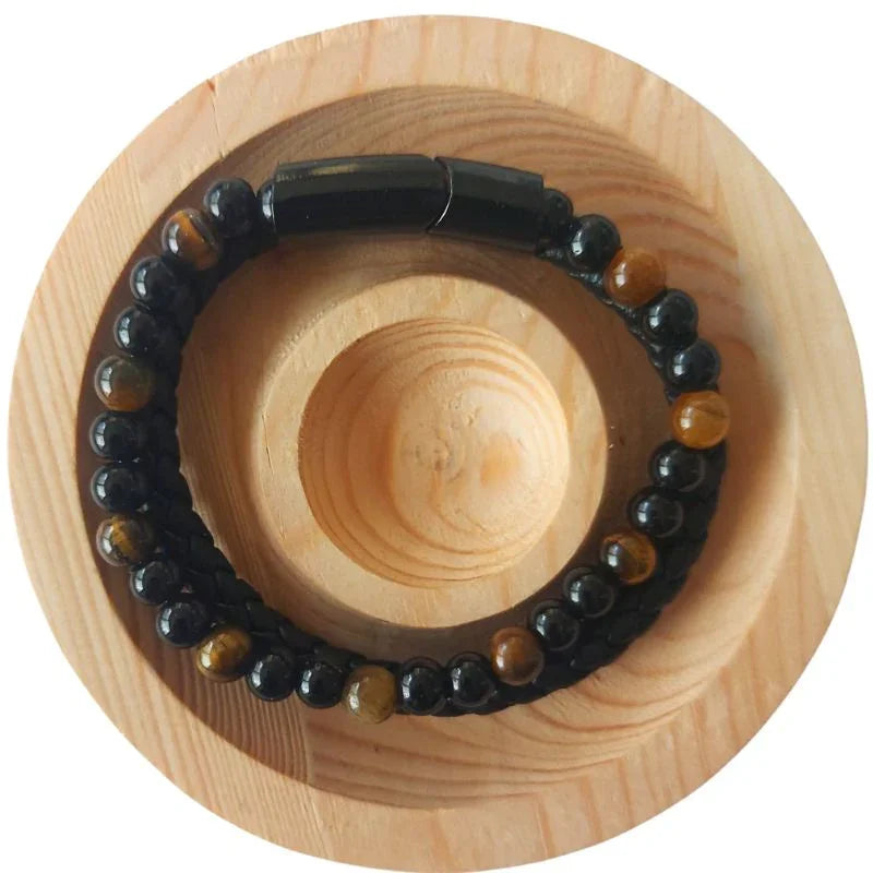 Bracelet en Cuir Tressé Œil de Tigre et Obsidienne - Litho Natura