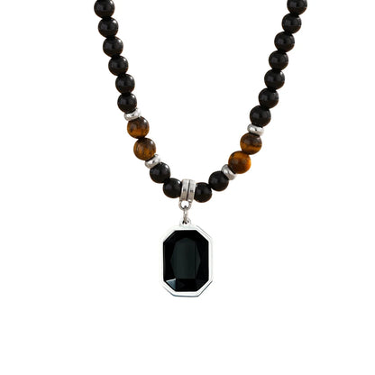 Collier avec pendentif en pierres naturelles (Œil de Tigre et Onyx) - Litho Natura