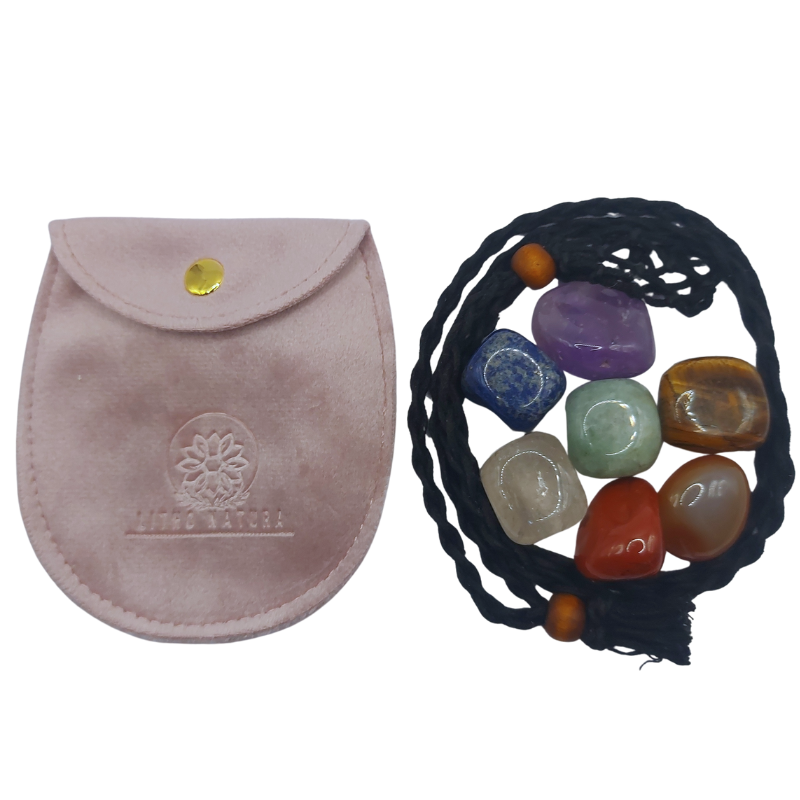Lot de Pierres Roulées 7 Chakras avec Pendentif Porte-Pierre Offert