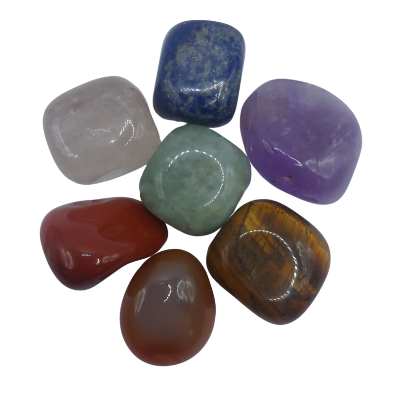 Lot de Pierres Roulées 7 Chakras avec Pendentif Porte-Pierre Offert