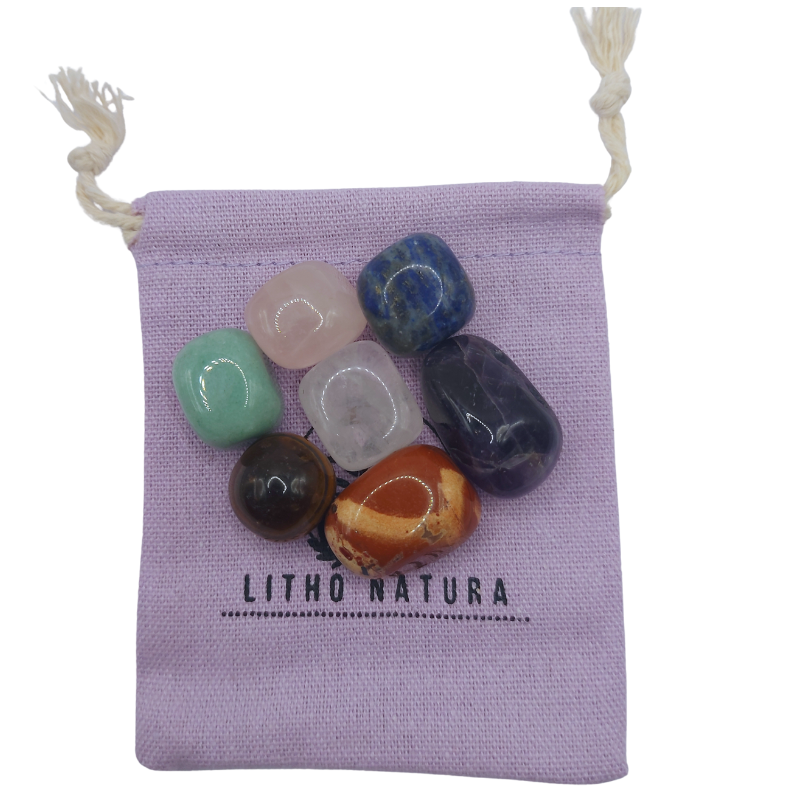 Lot de Pierres Roulées 7 Chakras avec Pendentif Porte-Pierre Offert