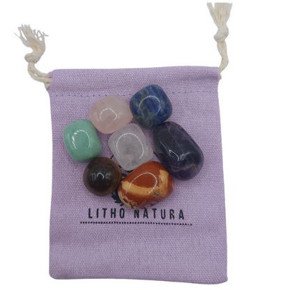 Lot de Pierres Roulées 7 Chakras avec Pendentif Porte-Pierre Offert