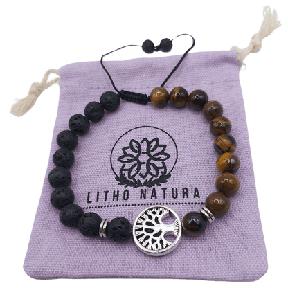 Shamballa en Pierre de Lave Naturelle et Perles d'Œil de Tigre - Litho Natura