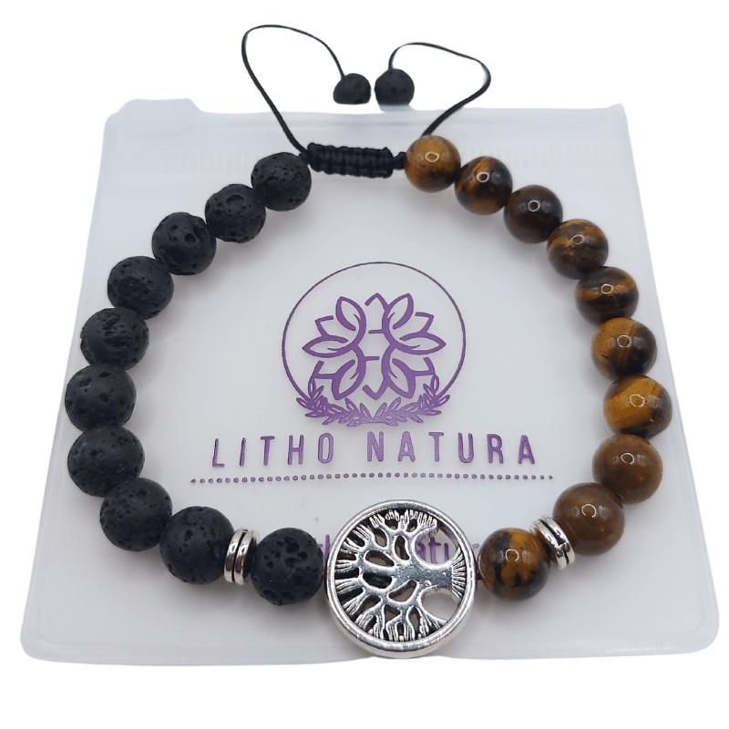 Shamballa en Pierre de Lave Naturelle et Perles d'Œil de Tigre - Litho Natura