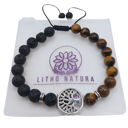 Shamballa en Pierre de Lave Naturelle et Perles d'Œil de Tigre - Litho Natura