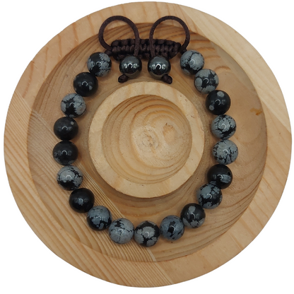 Shamballa Obsidienne Flocon de Neige Mixte - Bracelet Simple Rang Ajustable - Litho Natura
