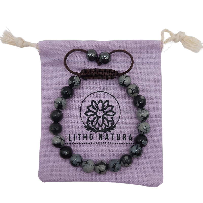 Shamballa Obsidienne Flocon de Neige Mixte - Bracelet Simple Rang Ajustable - Litho Natura