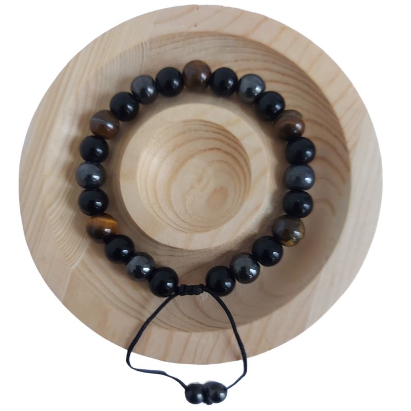 Shamballa Triple Pierre (Œil de Tigre, Hématite et Obsidienne) - Bracelet Simple Rang Ajustable - Litho Natura