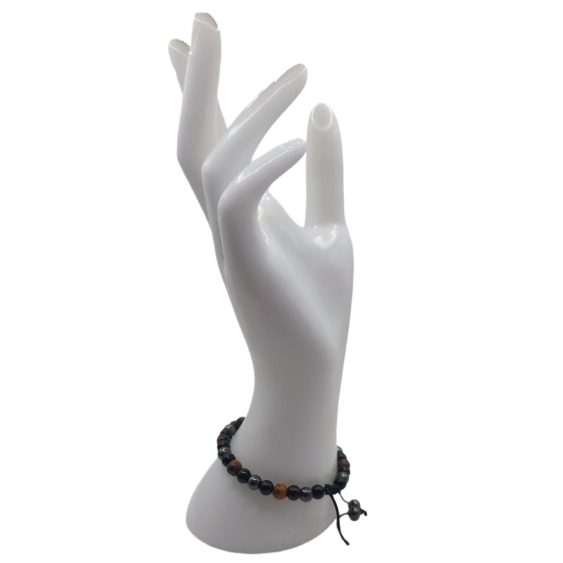 Shamballa Triple Pierre (Œil de Tigre, Hématite et Obsidienne) - Bracelet Simple Rang Ajustable - Litho Natura