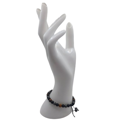 Shamballa Triple Pierre (Œil de Tigre, Hématite et Obsidienne) - Bracelet Simple Rang Ajustable - Litho Natura