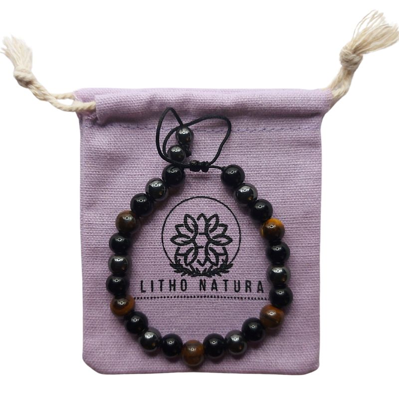 Shamballa Triple Pierre (Œil de Tigre, Hématite et Obsidienne) - Bracelet Simple Rang Ajustable - Litho Natura