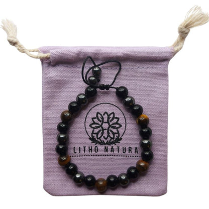 Shamballa Triple Pierre (Œil de Tigre, Hématite et Obsidienne) - Bracelet Simple Rang Ajustable - Litho Natura