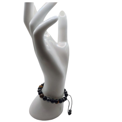 Shamballa Triple Pierre (Œil de Tigre, Hématite et Obsidienne) - Bracelet Simple Rang Ajustable - Litho Natura