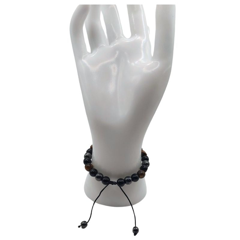 Shamballa Triple Pierre (Œil de Tigre, Hématite et Obsidienne) - Bracelet Simple Rang Ajustable - Litho Natura