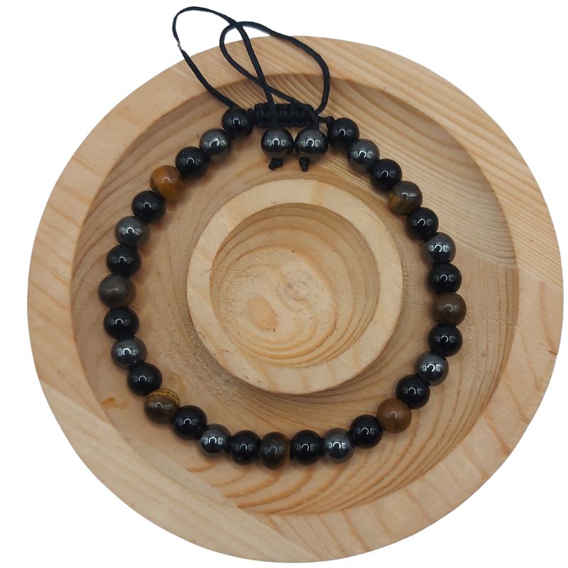 Shamballa Triple Pierre (Œil de Tigre, Hématite et Obsidienne) - Bracelet Simple Rang Ajustable - Litho Natura