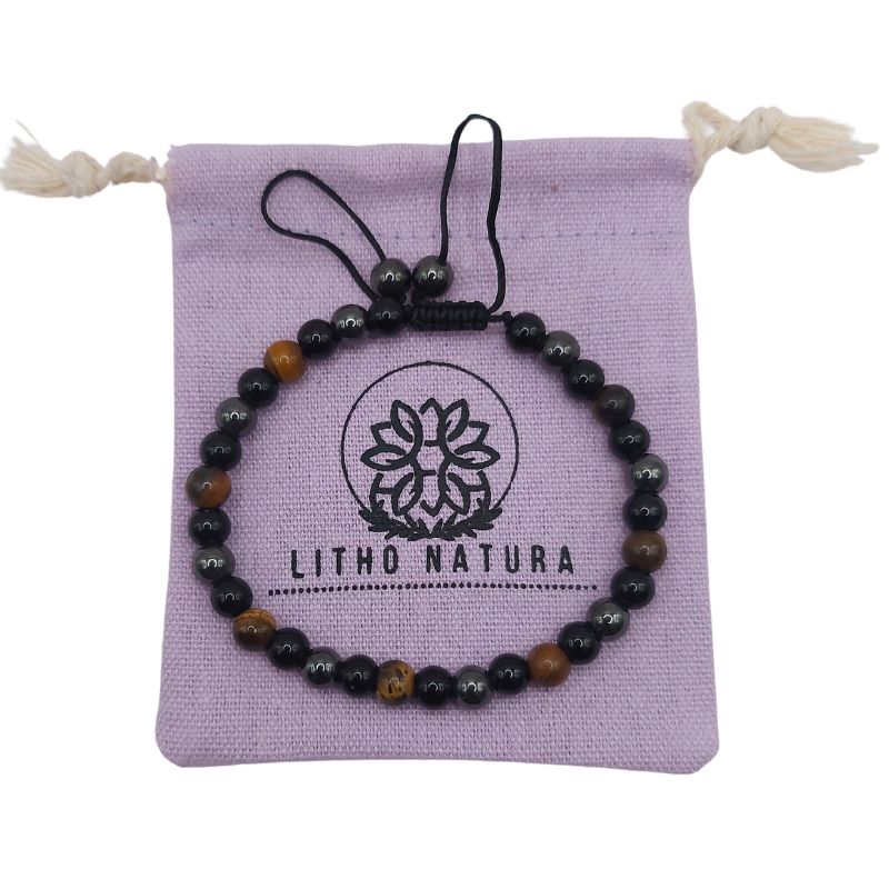Shamballa Triple Pierre (Œil de Tigre, Hématite et Obsidienne) - Bracelet Simple Rang Ajustable - Litho Natura