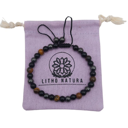Shamballa Triple Pierre (Œil de Tigre, Hématite et Obsidienne) - Bracelet Simple Rang Ajustable - Litho Natura