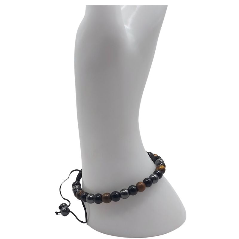 Shamballa Triple Pierre (Œil de Tigre, Hématite et Obsidienne) - Bracelet Simple Rang Ajustable - Litho Natura