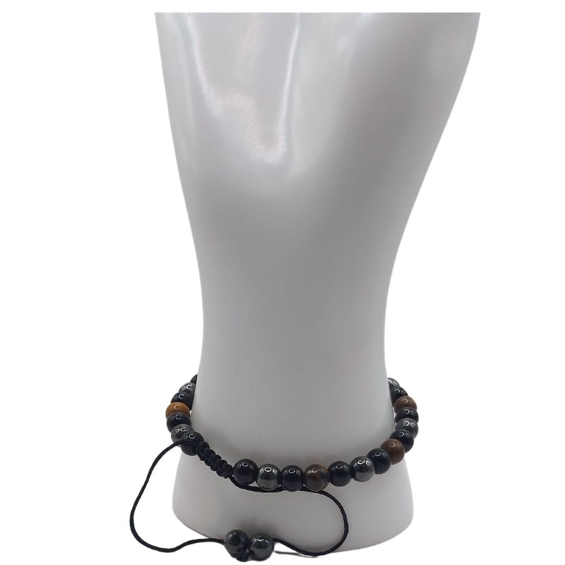 Shamballa Triple Pierre (Œil de Tigre, Hématite et Obsidienne) - Bracelet Simple Rang Ajustable - Litho Natura