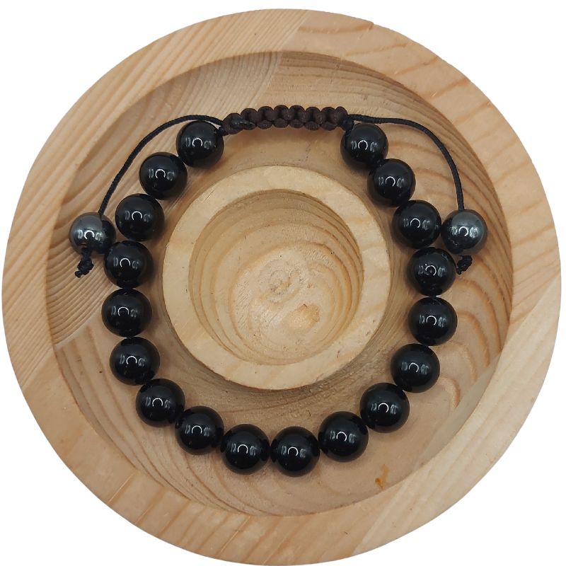 Shamballa Tourmaline Noire - Bracelet Simple Rang Ajustable - Litho Natura