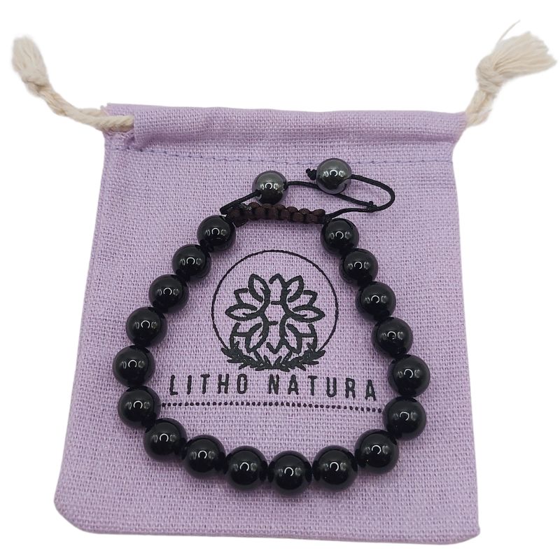 Shamballa Tourmaline Noire - Bracelet Simple Rang Ajustable - Litho Natura