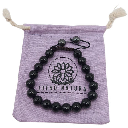 Shamballa Tourmaline Noire - Bracelet Simple Rang Ajustable - Litho Natura