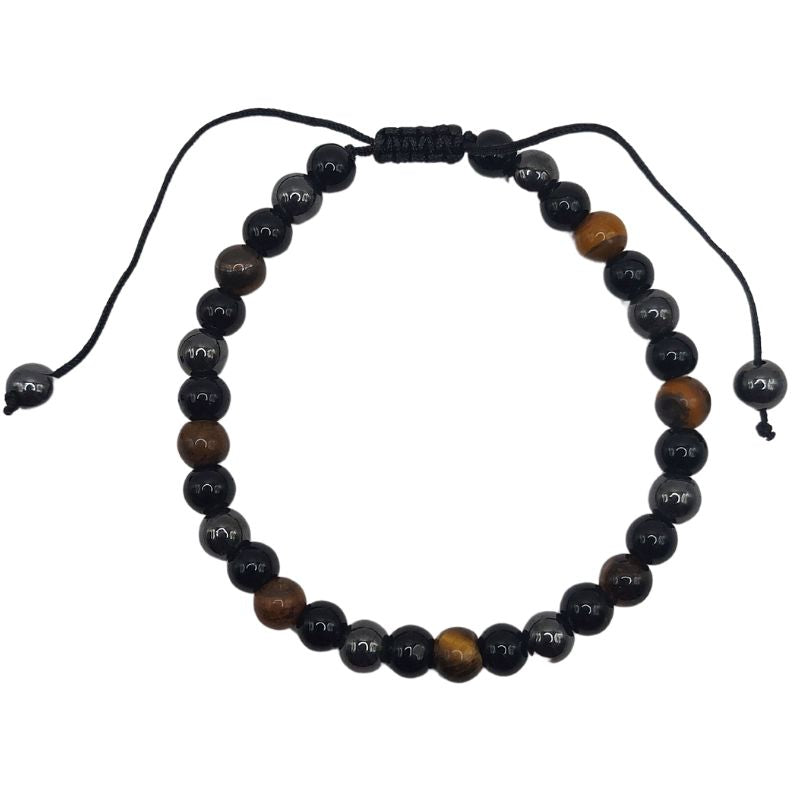 Shamballa Triple Pierre (Œil de Tigre, Hématite et Obsidienne) - Bracelet Simple Rang Ajustable