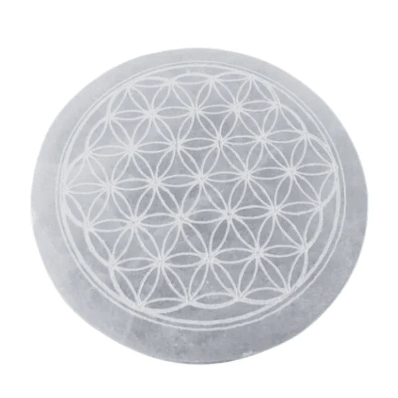 Disque de Sélénite avec Gravure Fleur de Vie - Purification et Bien-être - Litho Natura