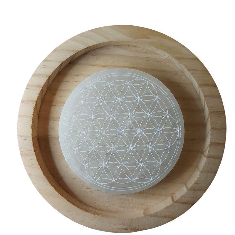 Disque de Sélénite avec Gravure Fleur de Vie - Purification et Bien-être - Litho Natura