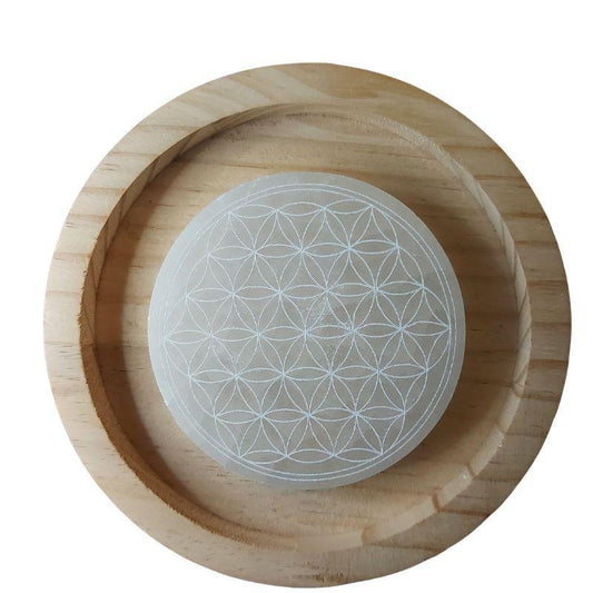 Disque de Sélénite avec Gravure Fleur de Vie - Purification et Bien-être - Litho Natura