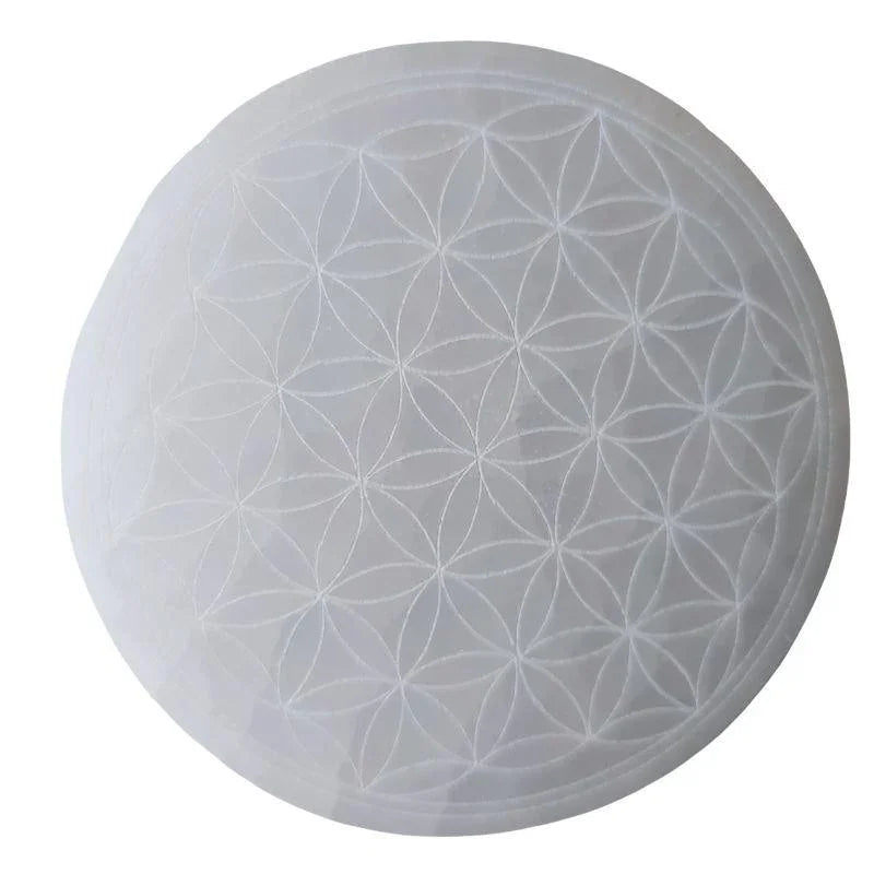 Disque de Sélénite avec Gravure Fleur de Vie - Purification et Bien-être - Litho Natura