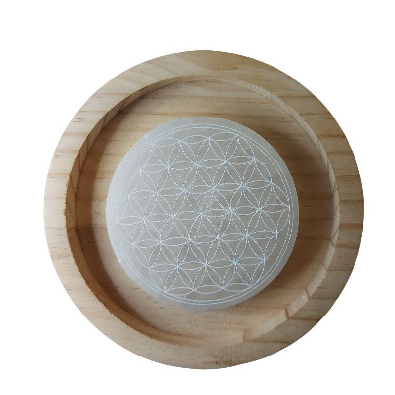 Disque de Sélénite avec Gravure Fleur de Vie - Purification et Bien-être - Litho Natura
