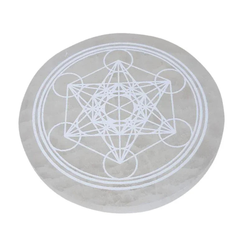 Disque de Sélénite avec Gravure Métatron - Purification et Bien-être - Litho Natura